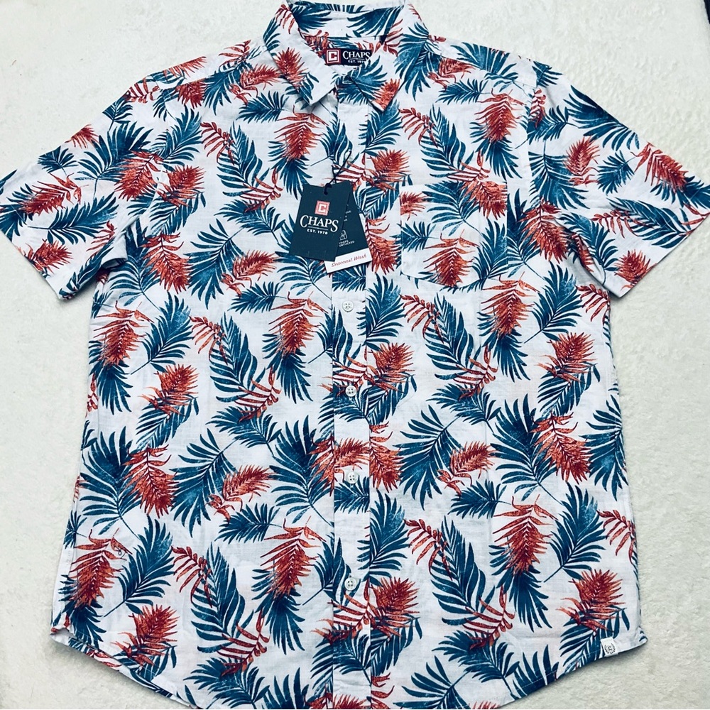 NWT CHAPS Seacoast Washed Tropical  Button Down Shirt CM15SW949 Red White Blue